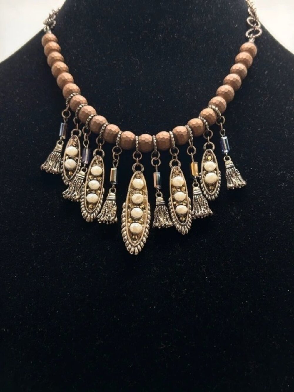 Vintage, Wood, Gold And White Crystal Boho Necklace